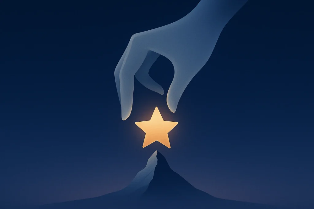 Ätherische Illustration einer stilisierten Hand, die einen goldenen Stern auf das Matterhorn setzt – Sinnbild für den Erfolg von DeepID als führende Schweizer Verifizierungs-App.